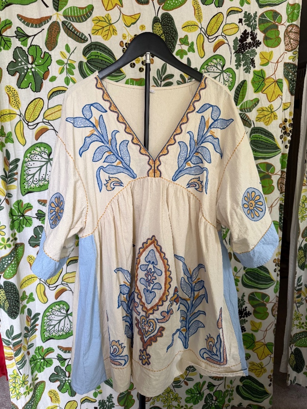 Embroidered Boho Tunic Dress Cream Blue Floral Oversized Size L